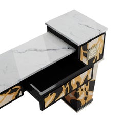Art Deco Style Console Table In Estremoz Marble, Wood Marquetry & Brass Details
