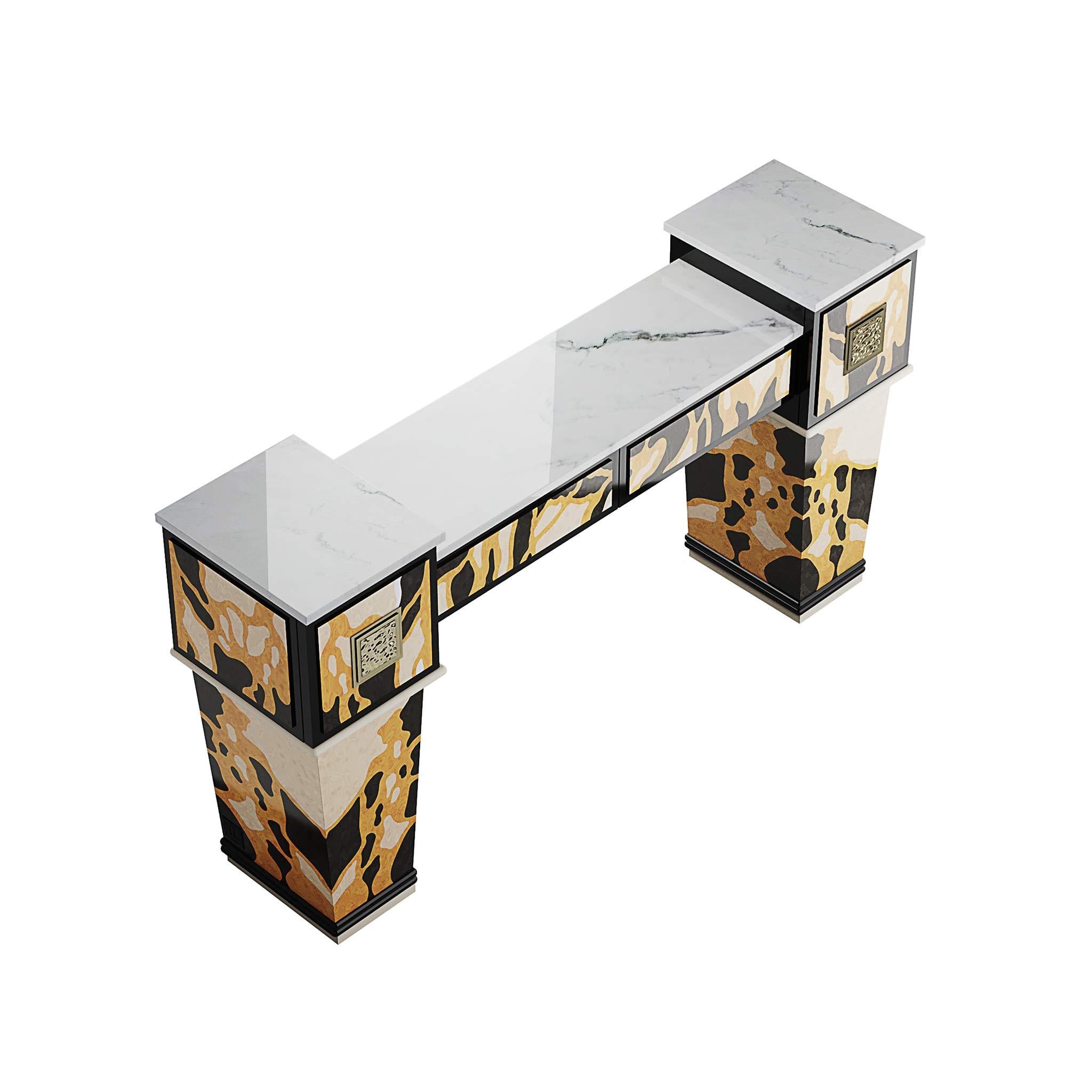 Contemporary Art Deco Style Console Table In Estremoz Marble, Wood Marquetry & Brass Details For Sale