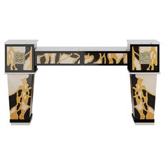 Art Deco Style Console Table In Estremoz Marble, Wood Marquetry & Brass Details