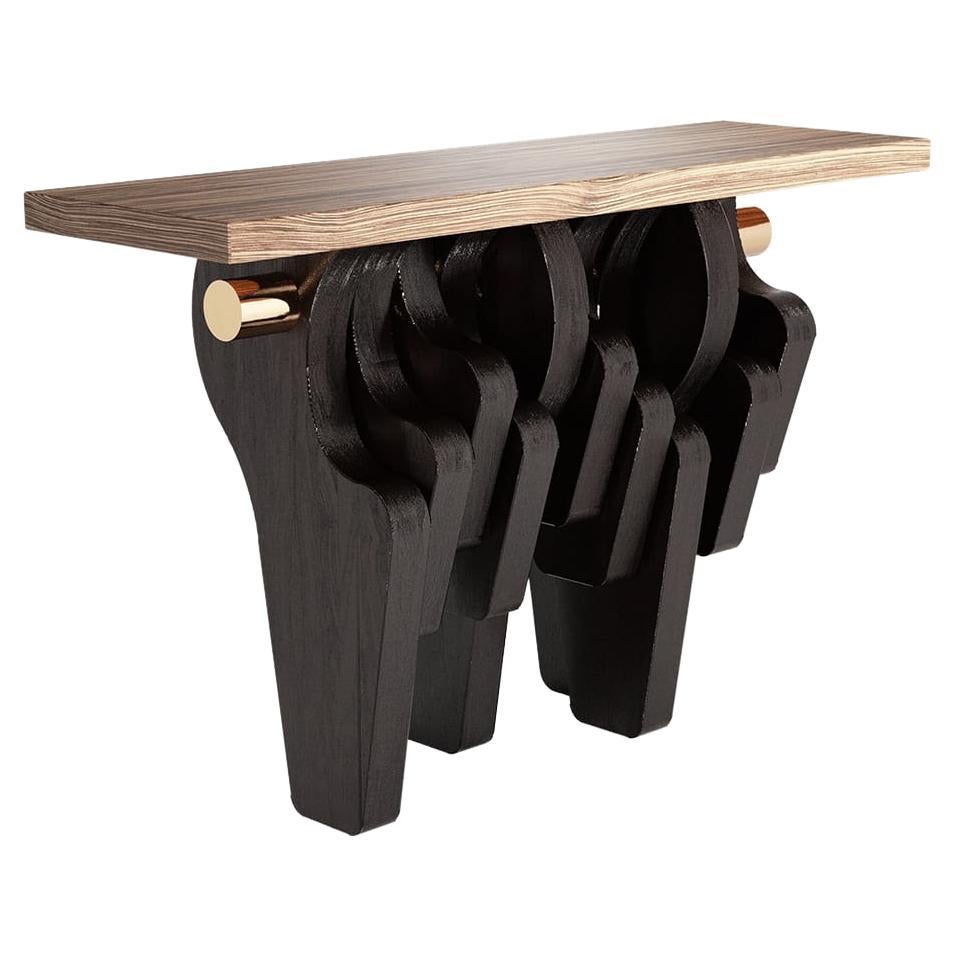 Art Deco Inspired Console Table In Birdeye Wood, Wenge Wood & Polished Brass
