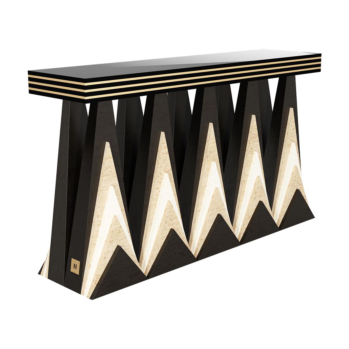 Raplee Console Table ist ein moderner Konsolentisch im Stil des Art déco. Das einzigartige Möbelstück für den Eingangsbereich ist nicht nur von diesem Designstil der 20er Jahre inspiriert, sondern hat auch eine weitere Inspirationsquelle: den Raplee