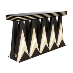 Art Deco Inspired Console Table In Wood & Gold Brushed Polished Brass Details