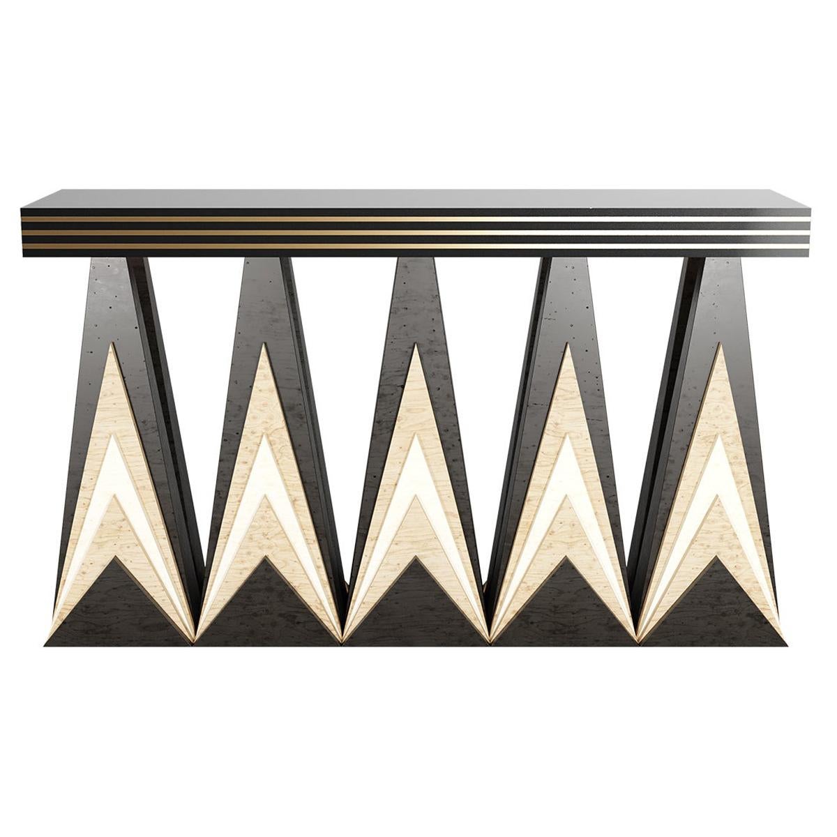 Art Deco Inspired Console Table In Wood & Gold Brushed Polished Brass Details For Sale