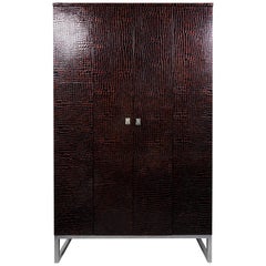 Art Deco Inspired Contemporary Leather Cabinet on Polished Steel Base