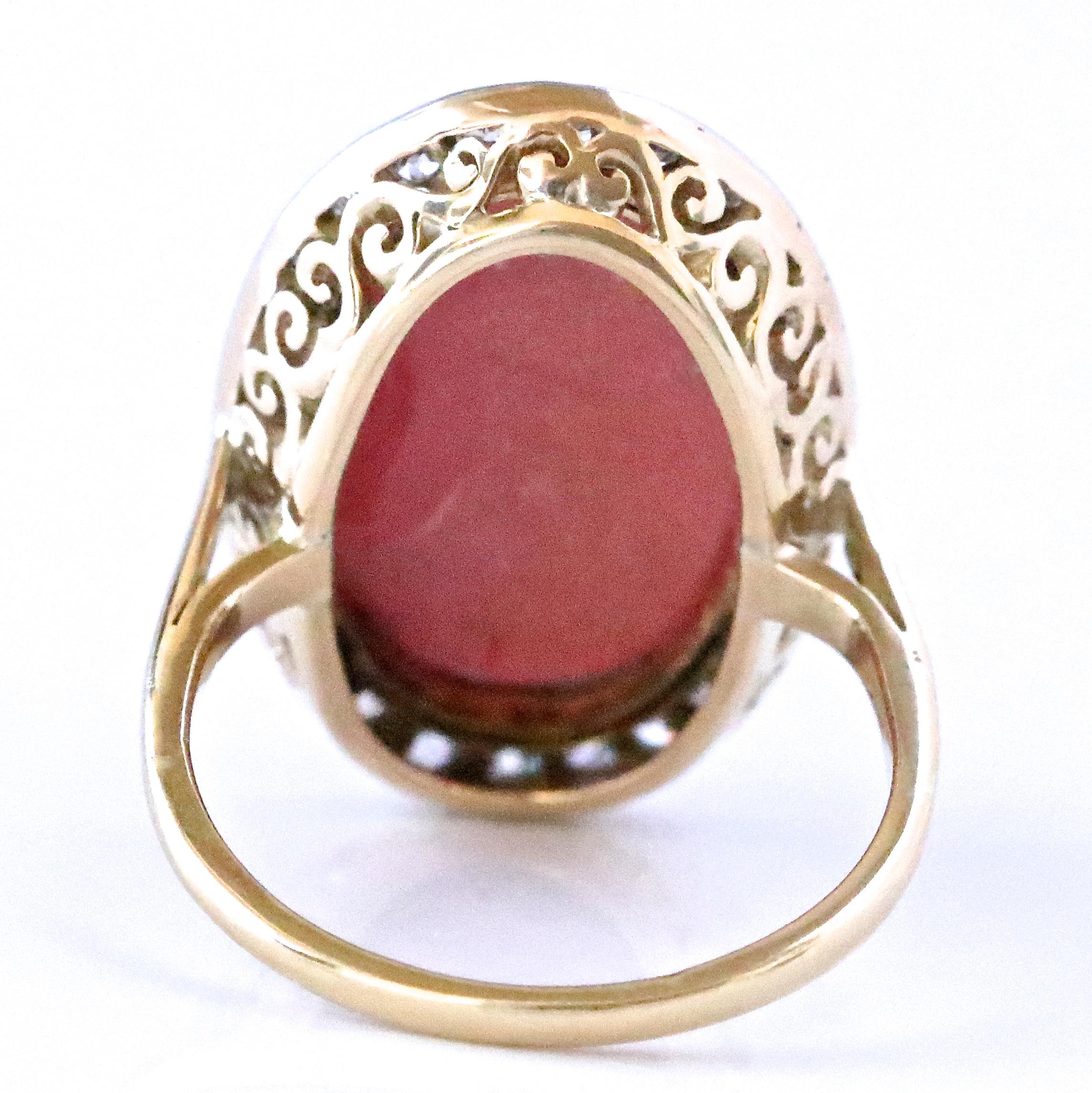 Women's Art Deco Inspired Coral Diamond 18 Karat Gold Cluster Ring
