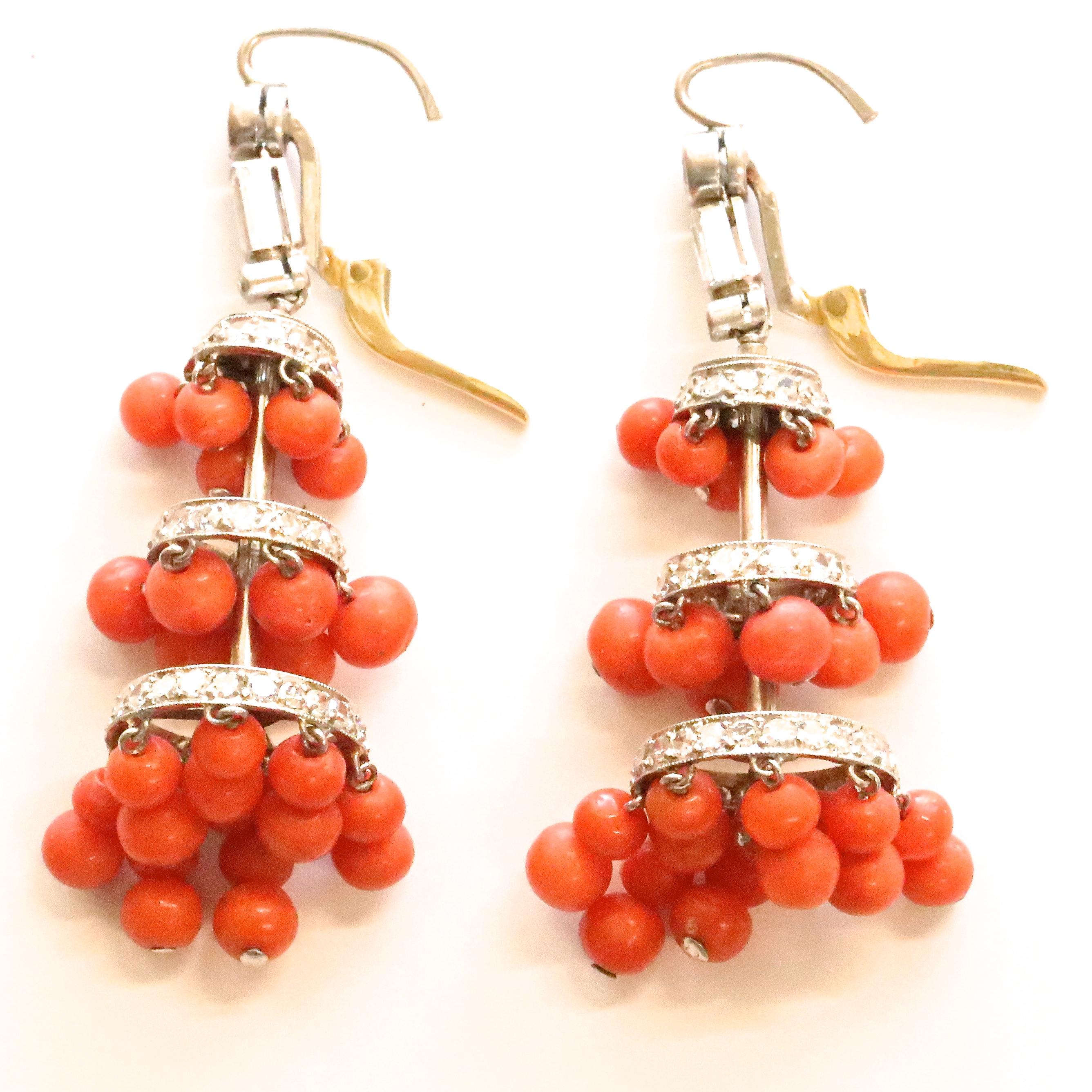 Art Deco Inspired Coral Diamond Platinum Chandelier Earrings In New Condition In Beverly Hills, CA