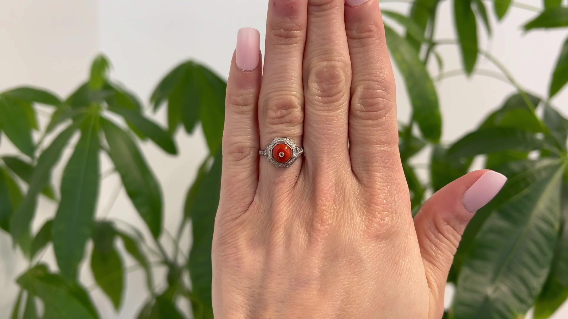 Cabochon Art Deco Inspired Coral Diamond Platinum Ring For Sale