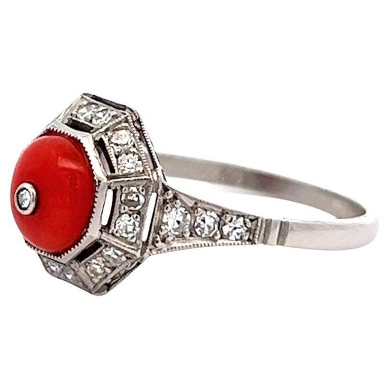 Women's or Men's Art Deco Inspired Coral Diamond Platinum Ring For Sale