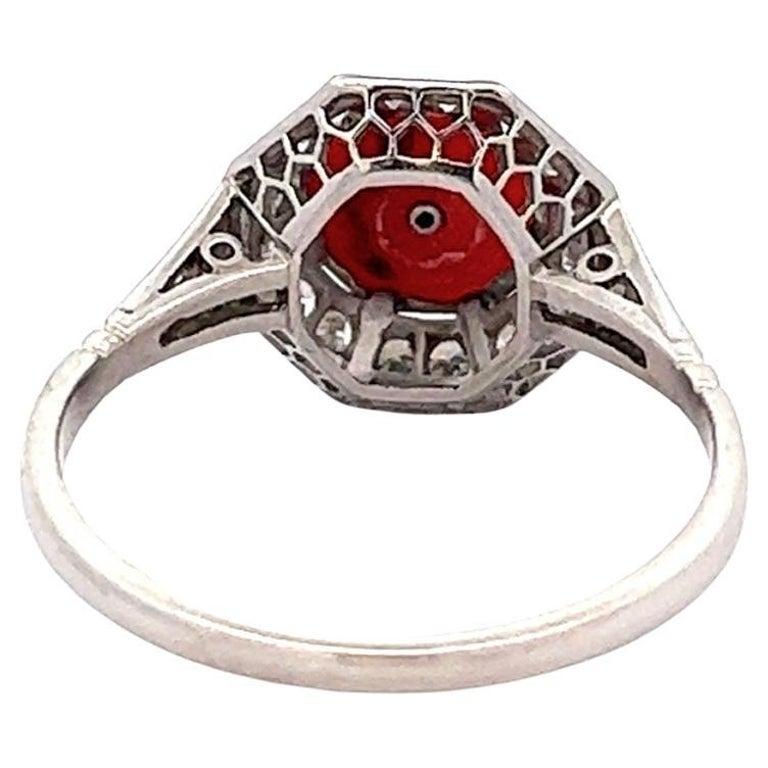 Art Deco Inspired Coral Diamond Platinum Ring For Sale 1