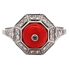 Art Deco Inspired Coral Diamond Platinum Ring