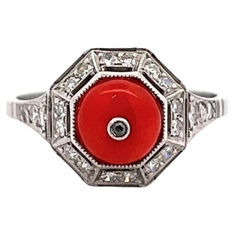 Art Deco Inspired Coral Diamond Platinum Ring For Sale at 1stDibs