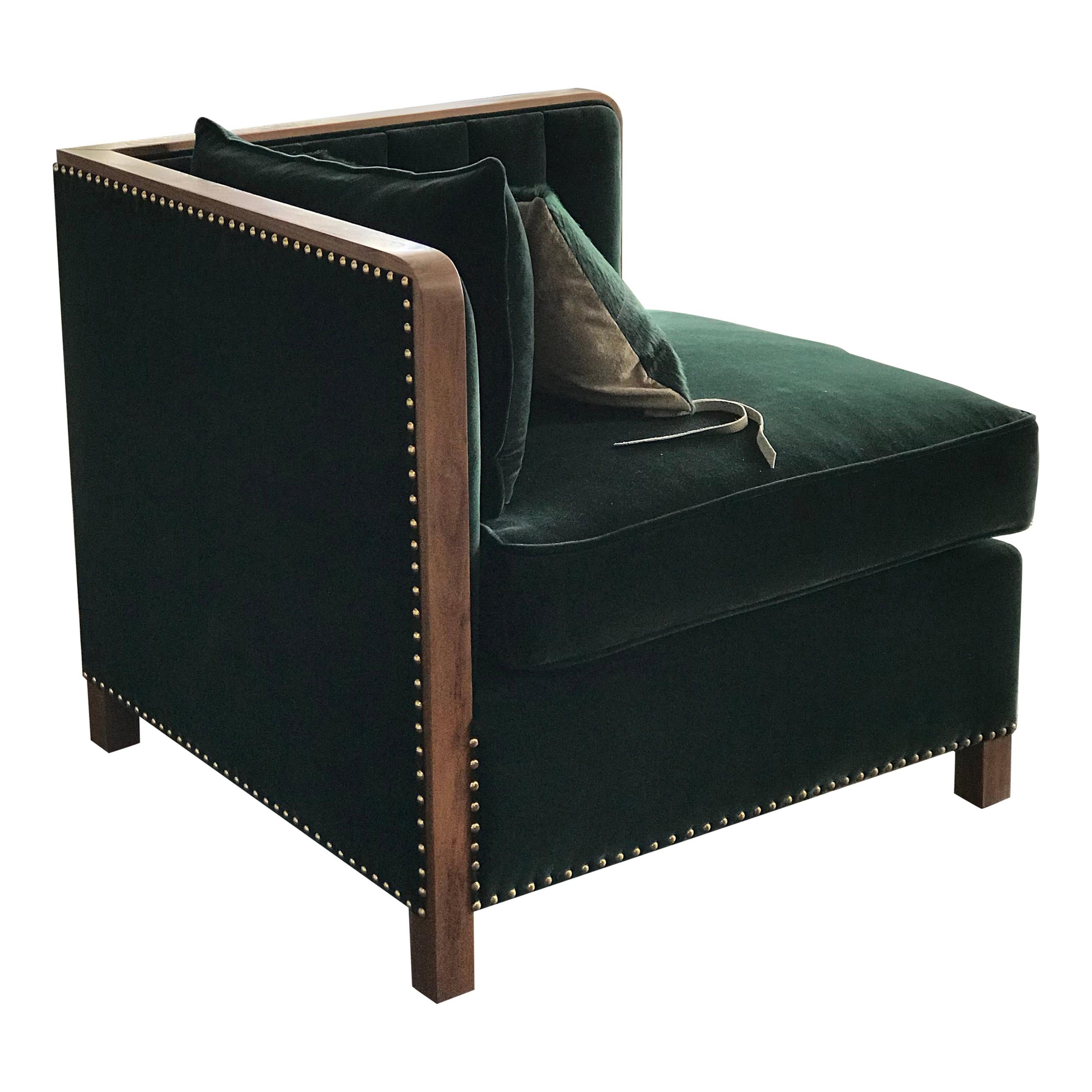 Art Deco Inspired Cupid Corner Chair in Natural Walnut and Luxe Velvet