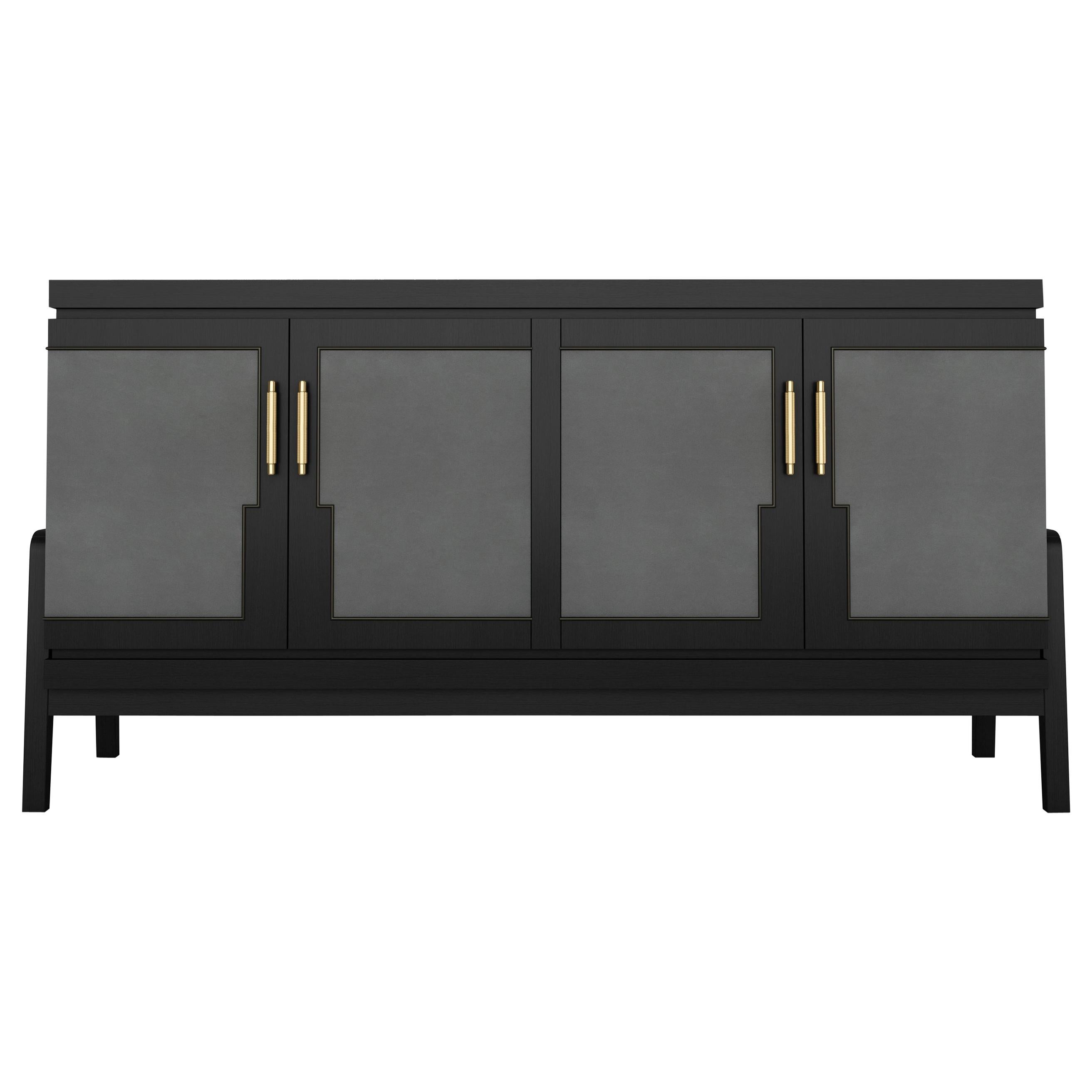 Art Deco Inspired Cupid Credenza in Show-wood and Upholstered with Novasuede For Sale