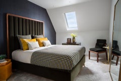 Custom Made Cupid Headboard and Bed Frame in Walnut and Velvet