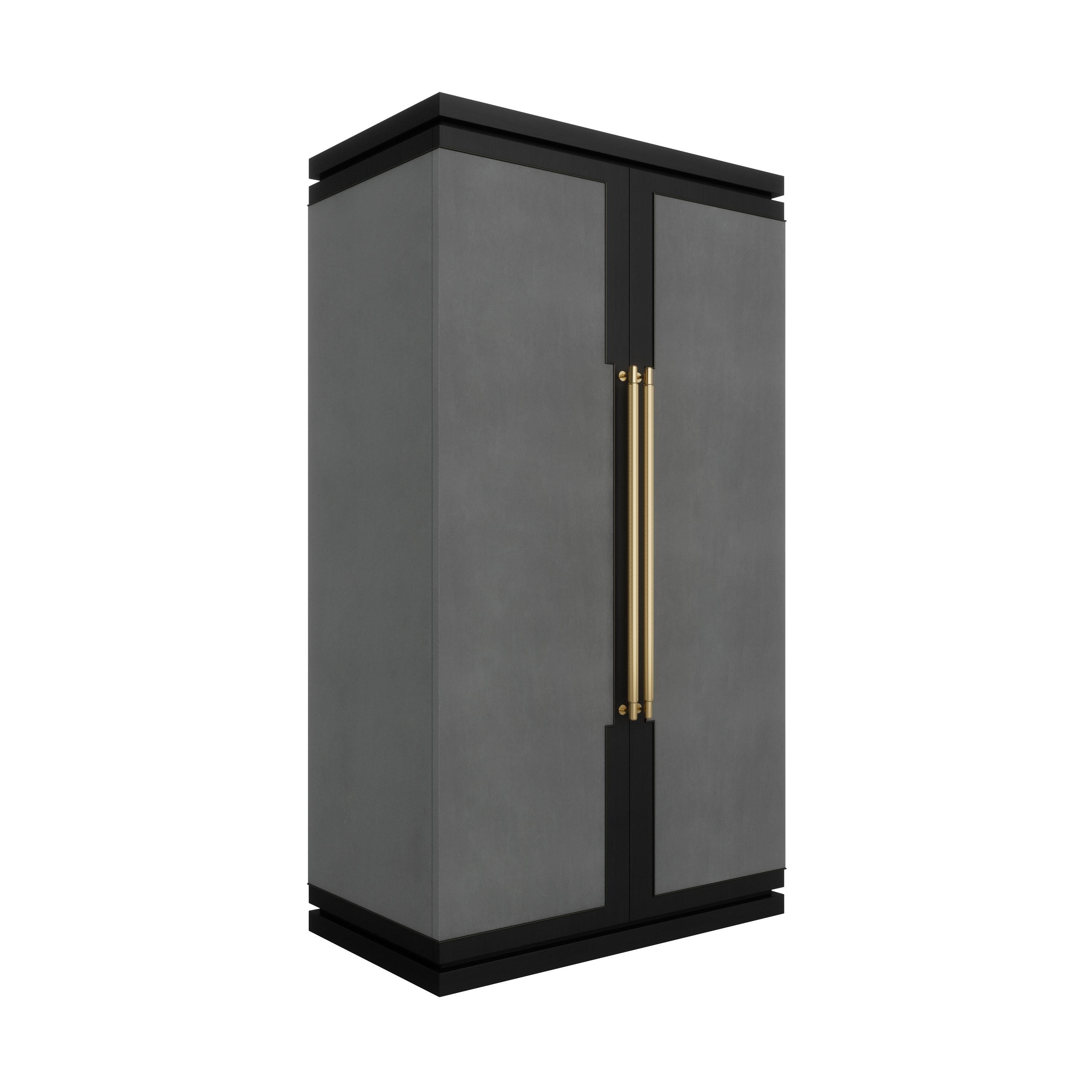 British Art Deco Inspired Cupid Wardrobe in Showwood and Upholstered with Novasuede For Sale