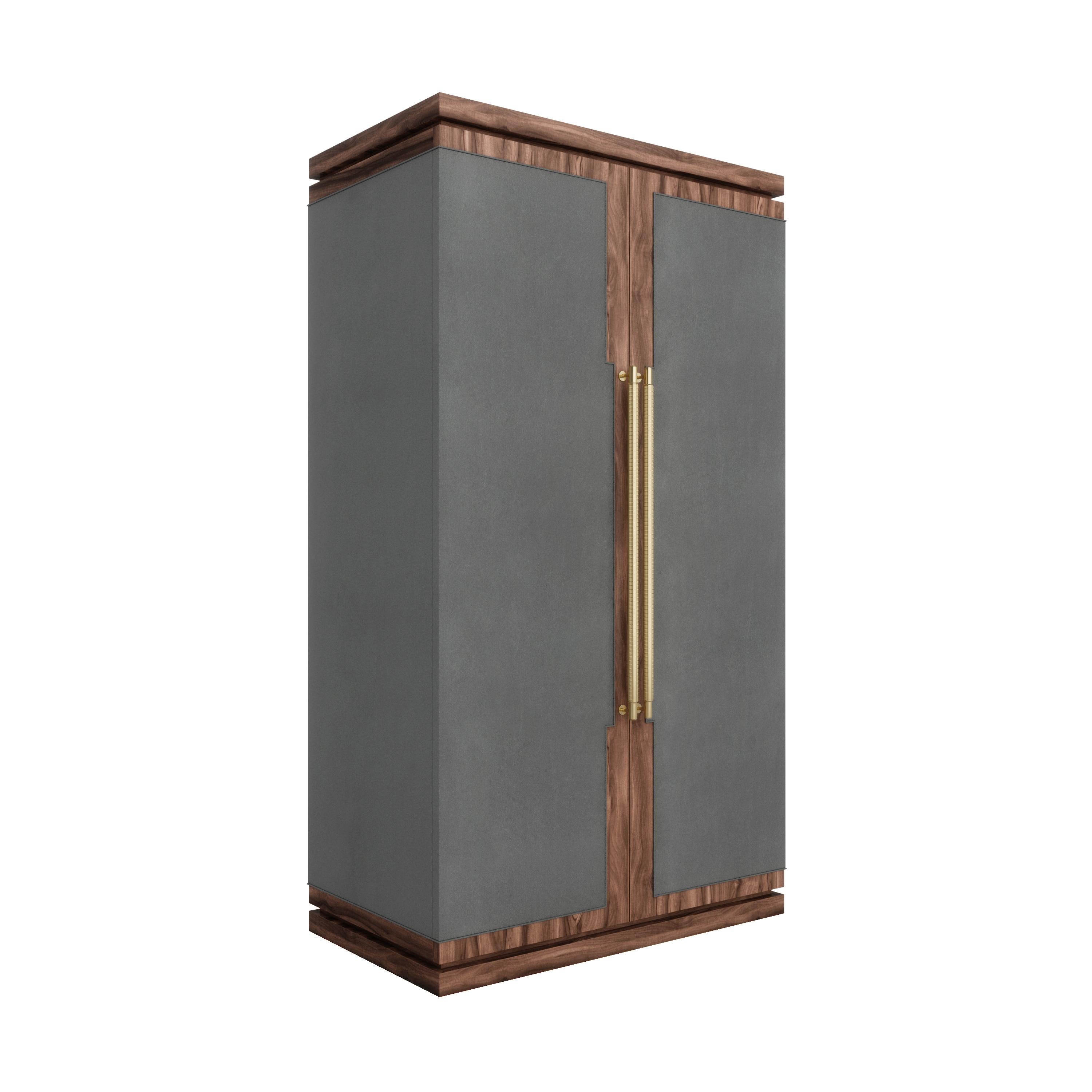 British Art Deco Inspired Cupid Wardrobe in Showwood and Upholstered with Novasuede For Sale