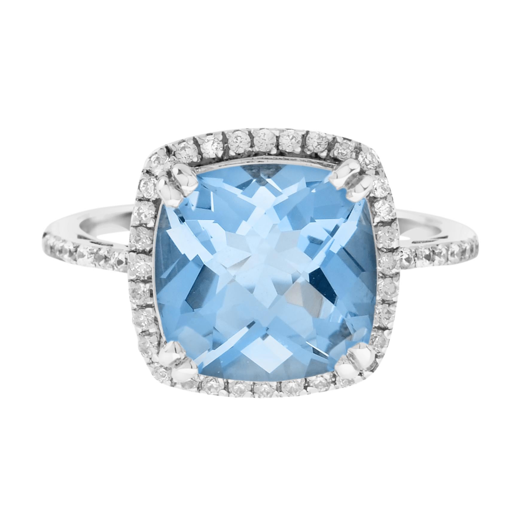 This gorgeous cocktail ring features a cushion-cut aquamarine surrounded by a halo of tiny diamonds. An effortless upgrade to your accessory wardrobe.
Ring Information
Style: Art-deco
Weight: 3.4 g. (approx. total weight)
Center Gemstones
Type: Blue