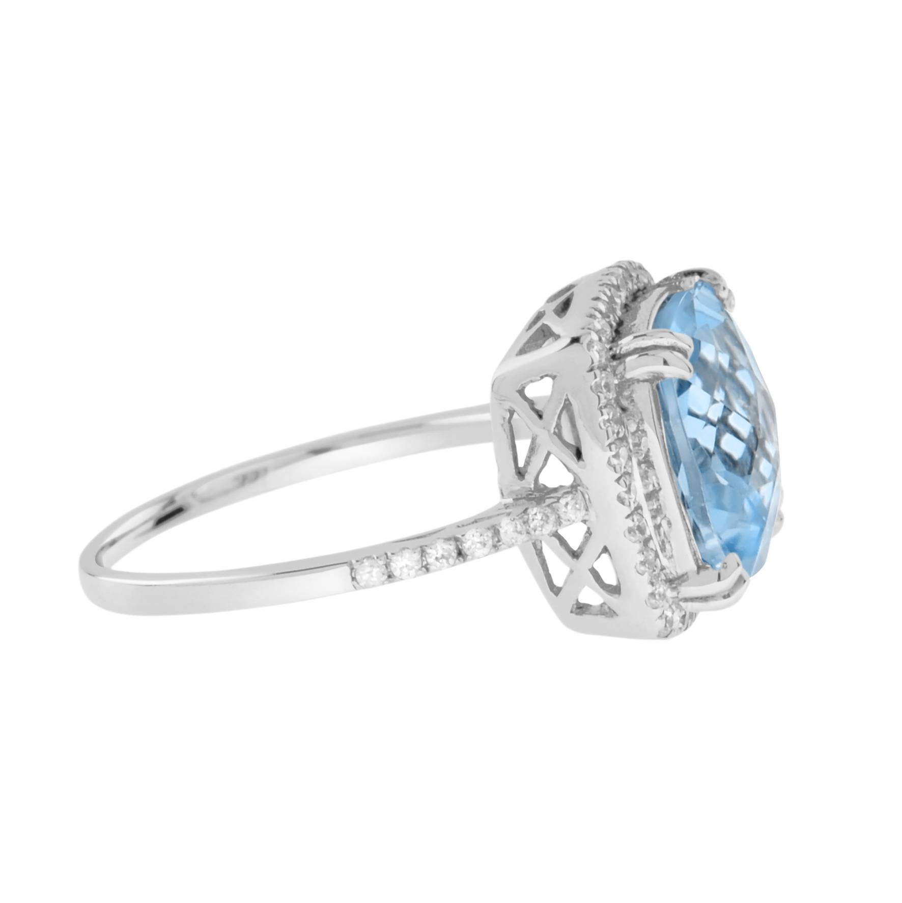 Art Deco Inspired Cushion Cut Blue Topaz & Diamond Halo Set 14K White Gold Ring (Art déco) im Angebot