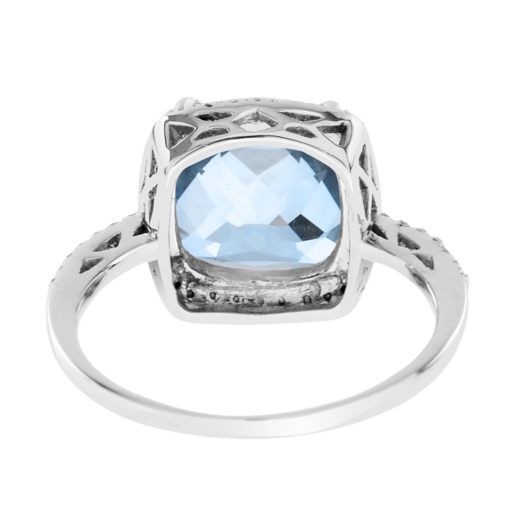 Art Deco Inspired Cushion Cut Blue Topaz & Diamond Halo Set 14K White Gold Ring (Kissenschliff) im Angebot