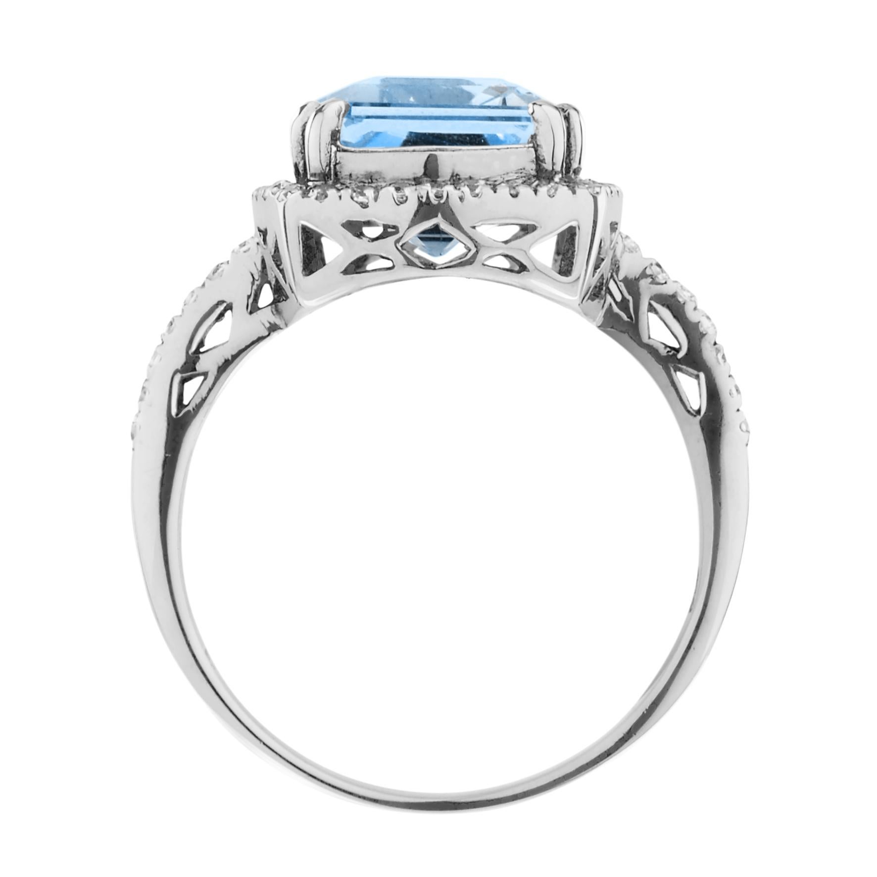 Art Deco Inspired Cushion Cut Blue Topaz & Diamond Halo Set 14K White Gold Ring im Zustand „Neu“ im Angebot in Oakton, VA