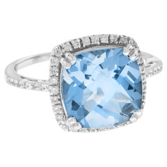 Art Deco Inspired Cushion Cut Blue Topaz & Diamond Halo Set 14K White Gold Ring