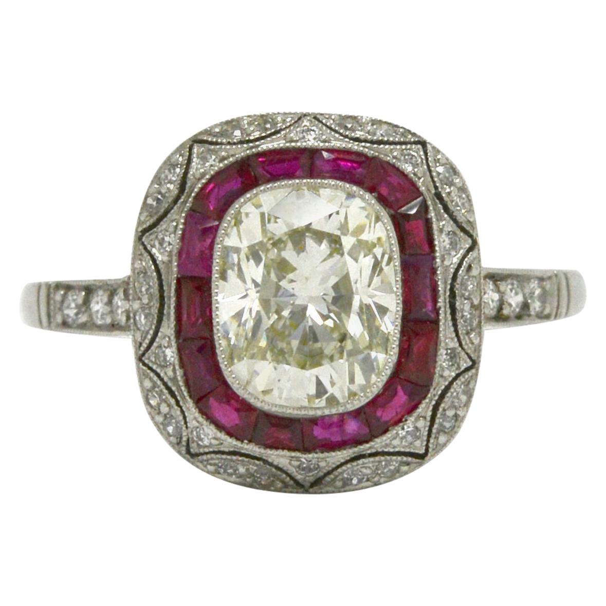 Art Deco Inspired Cushion Diamond Engagement Ring Ruby Halo 2.5 Carat Bezel Set