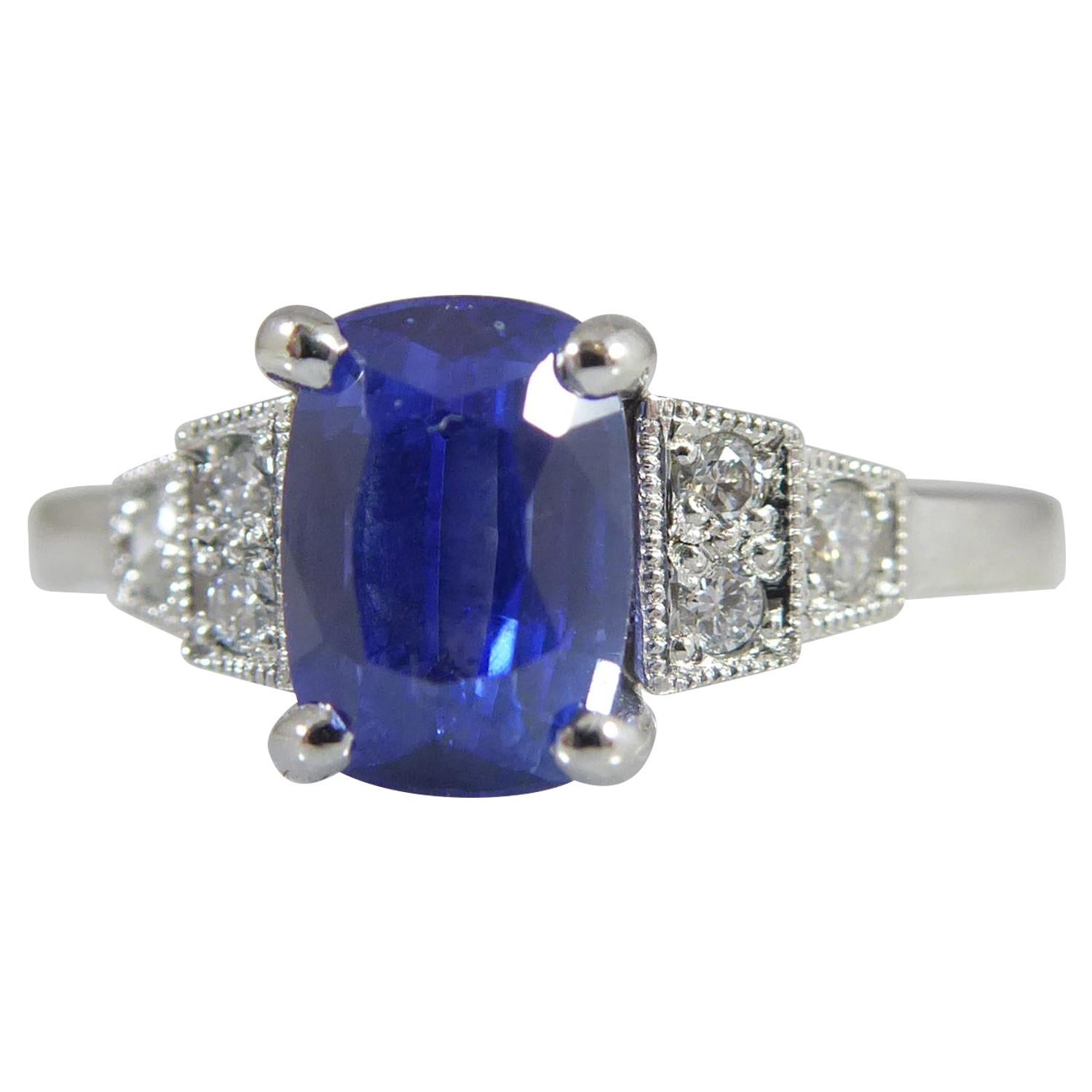 Art Deco Inspired Cushion Shaped Sapphire Ring with Diamond Shoulders