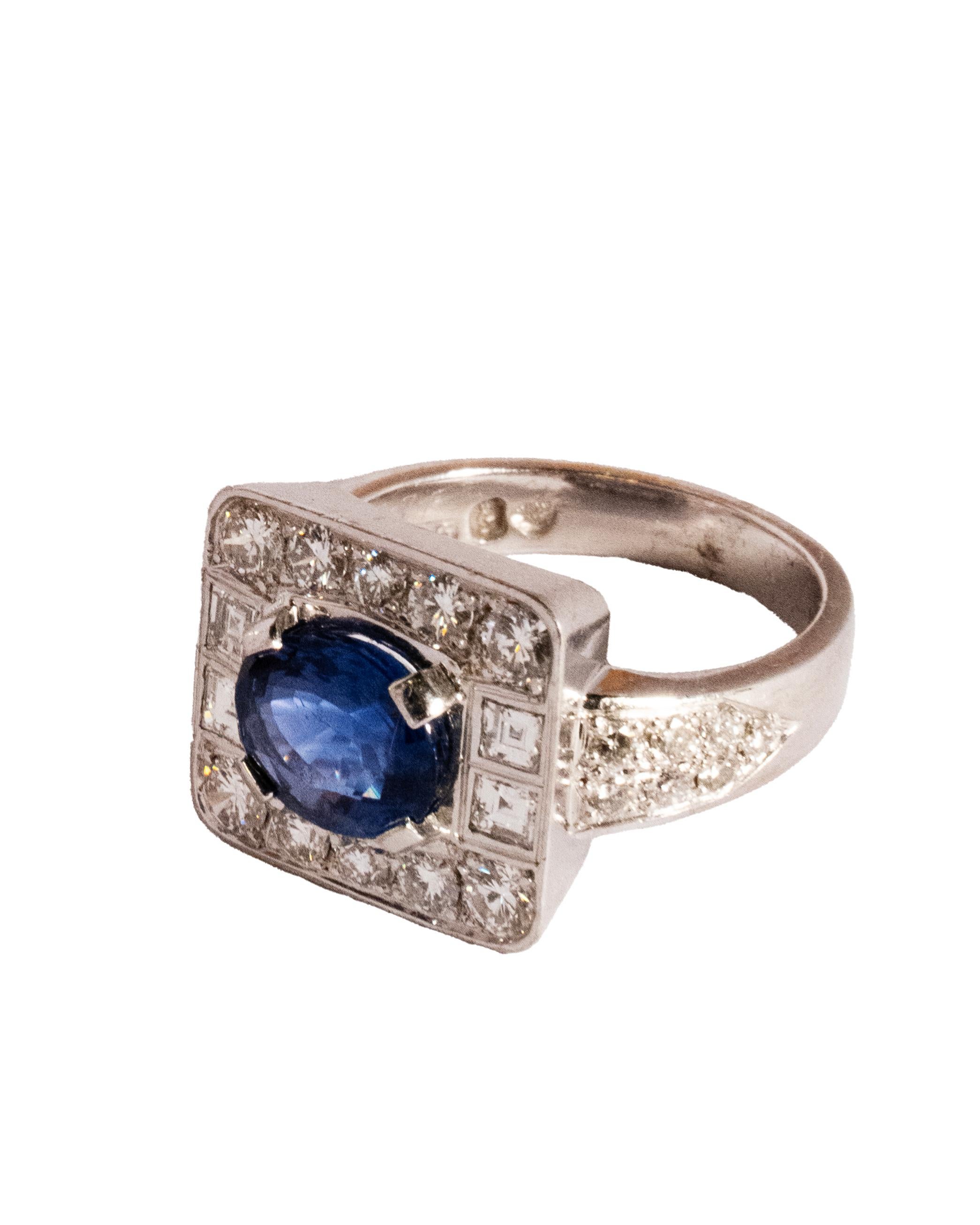 
Indulge in the vintage glamour of the Art Deco era with this exquisite Blue Sapphire Ring, a testament to elegance and sophistication. Crafted in Sweden during the 1980s, this ring captures the essence of Art Deco design with its striking features