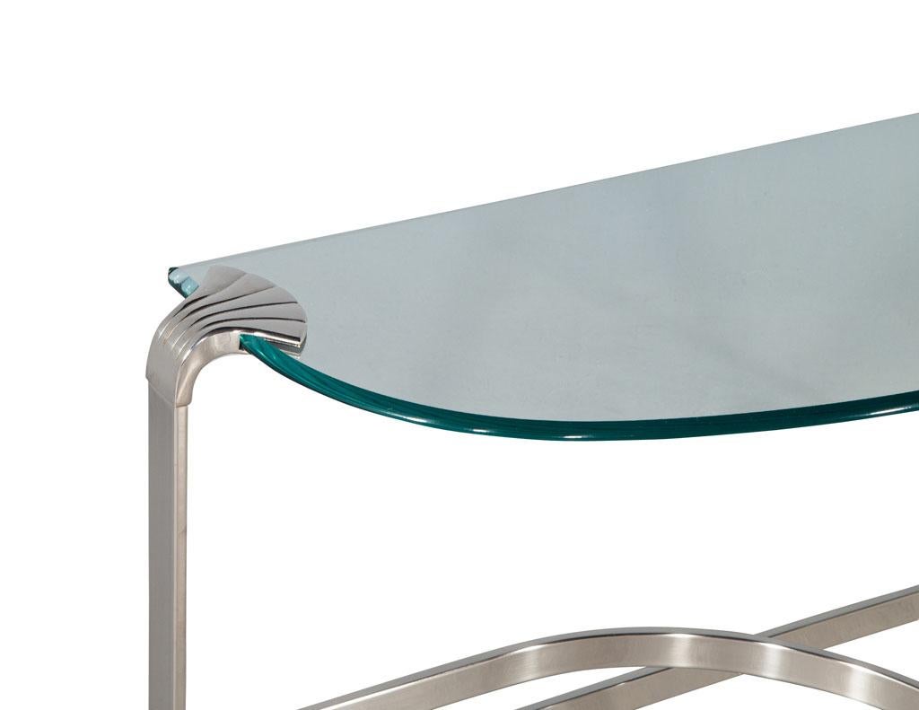 American Art Deco Inspired Demi Lune Glass and Metal Console Table For Sale