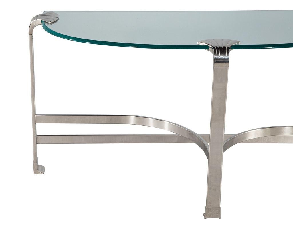 Mid-20th Century Art Deco Inspired Demi Lune Glass and Metal Console Table For Sale