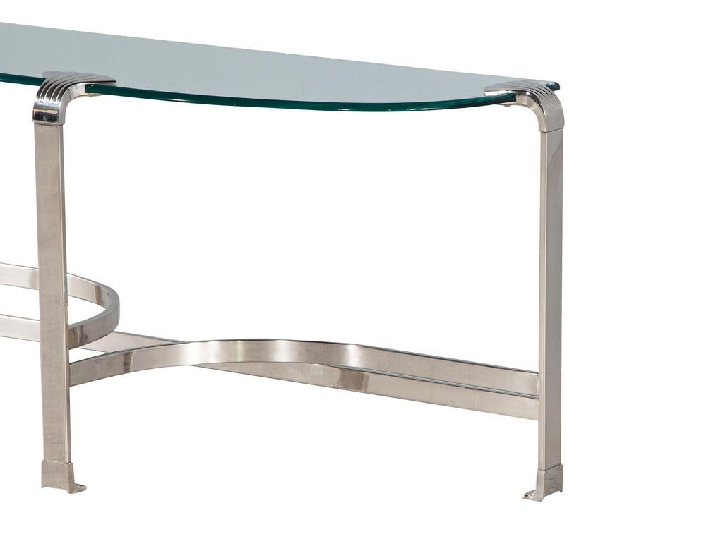 Art Deco Inspired Demi Lune Glass and Metal Console Table For Sale 1