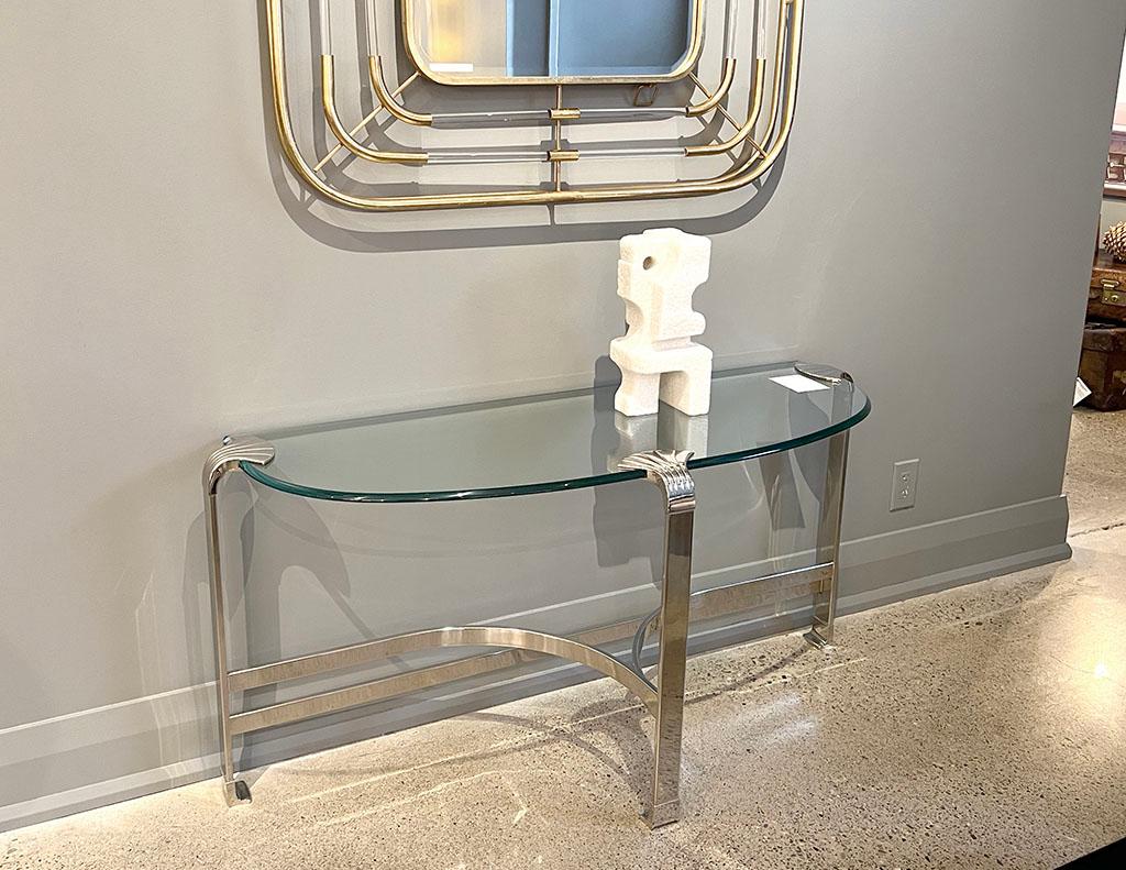 Art Deco Inspired Demi Lune Glass and Metal Console Table For Sale 3