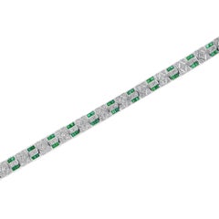 Art Deco Inspired Design Emerald & Diamond 14K White Gold Line Bracelet