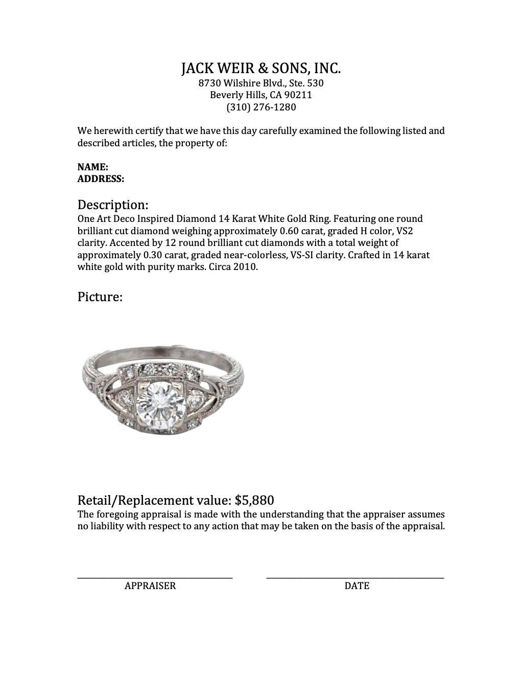 Art Deco Inspired Diamond 14 Karat White Gold Ring 2