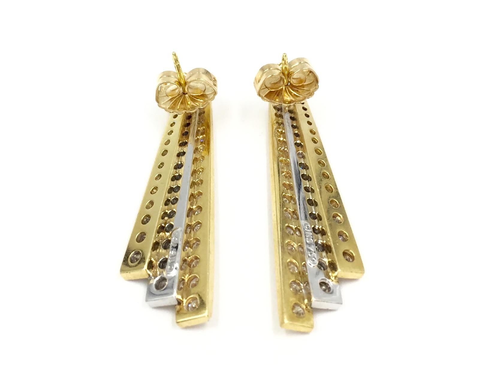 Art Deco Inspired Diamond 18 Karat Two-Tone Drop Earrings In Excellent Condition For Sale In Pikesville, MD