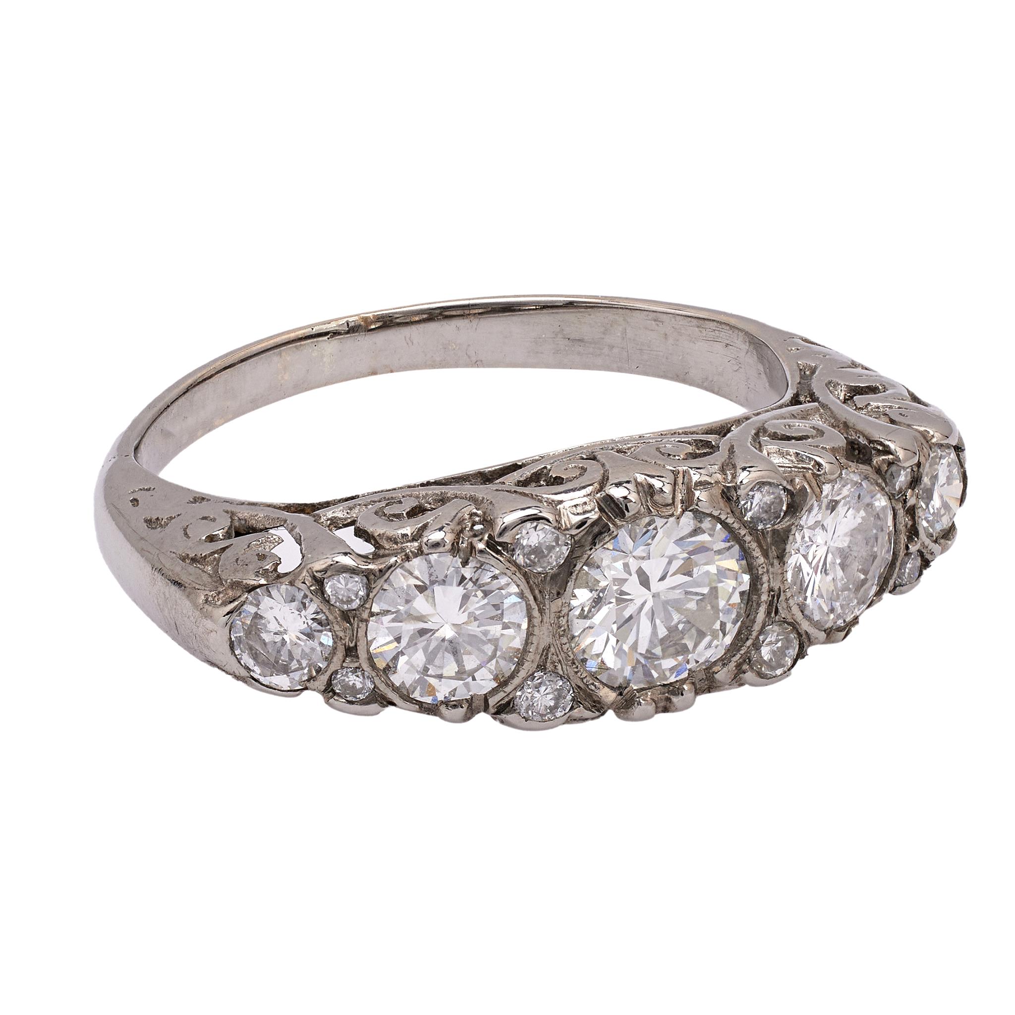 Women's or Men's Art Deco Inspired Diamond 18k White Gold Five Stone Ring For Sale