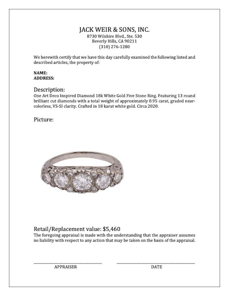 Art Deco Inspired Diamond 18k White Gold Five Stone Ring For Sale 1