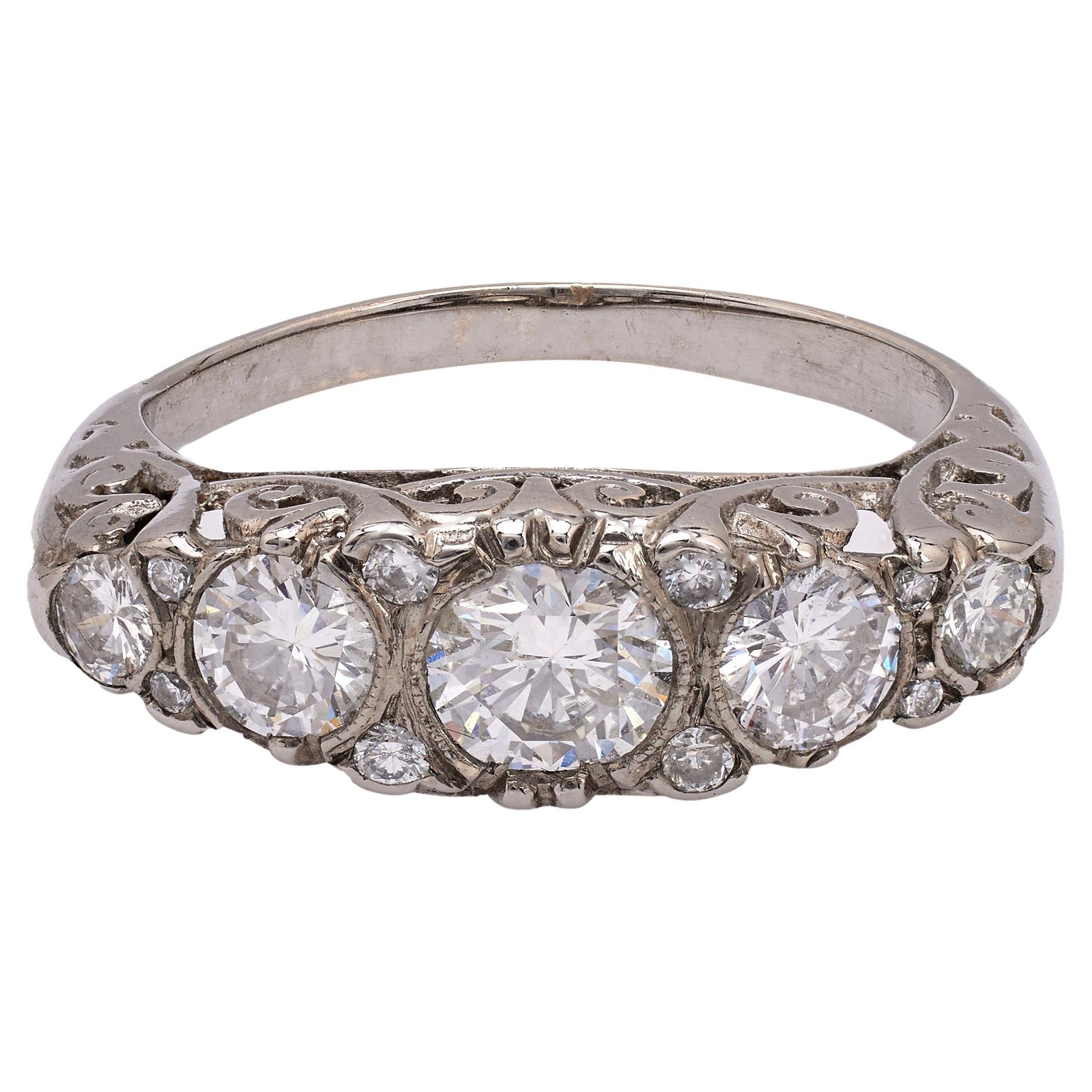 Art Deco Inspired Diamond 18k White Gold Five Stone Ring For Sale