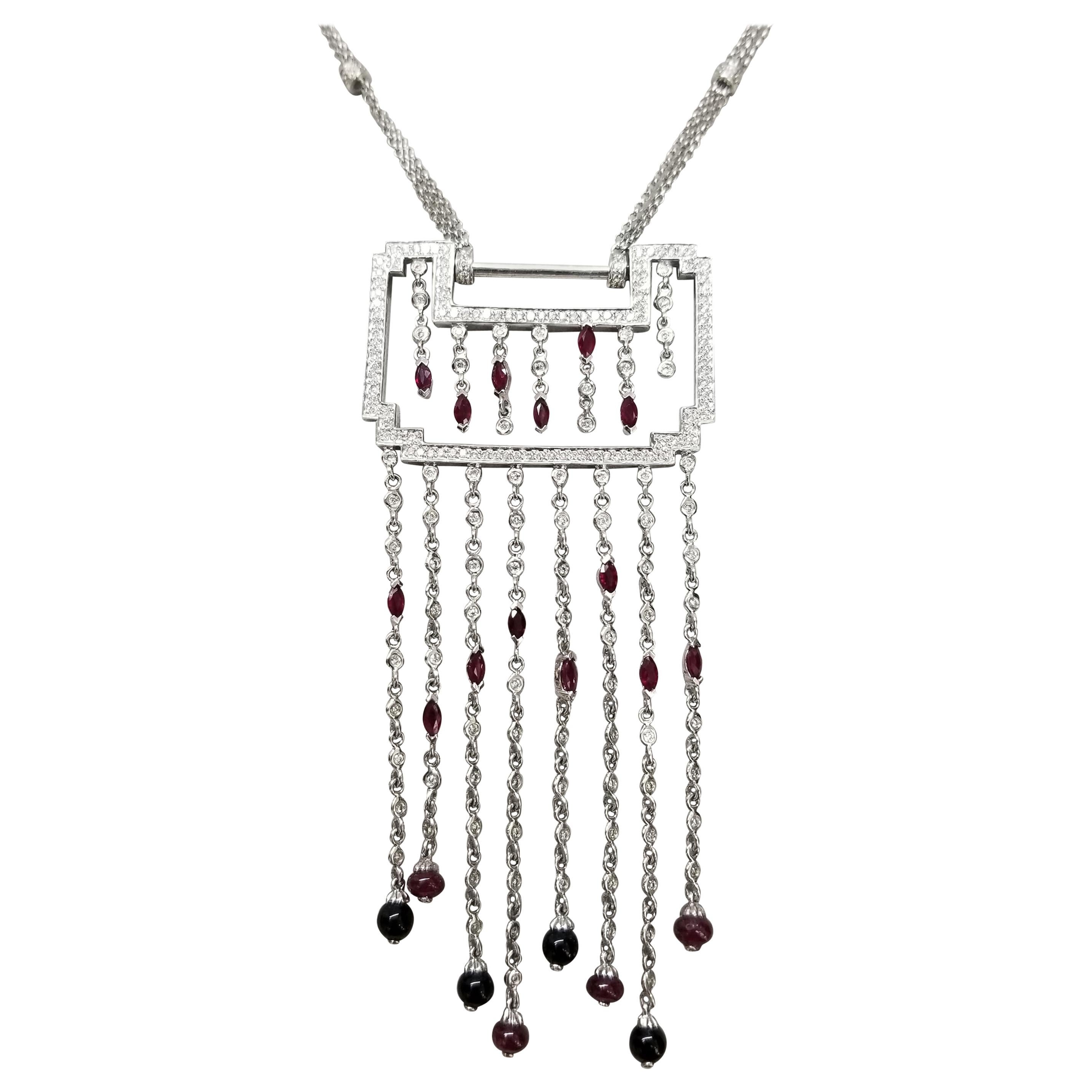 Art Deco Inspired Diamond 2.20 Carat and Ruby 1.10 Carat Necklace For Sale