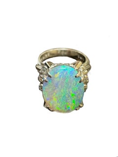 Art Deco Inspired Diamond 4.12 Carat Oval Australian Opal Engagement Ring