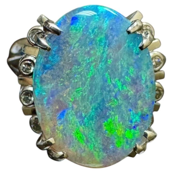 Art Deco Inspired Diamond 4.12 Carat Oval Australian Opal Engagement Ring