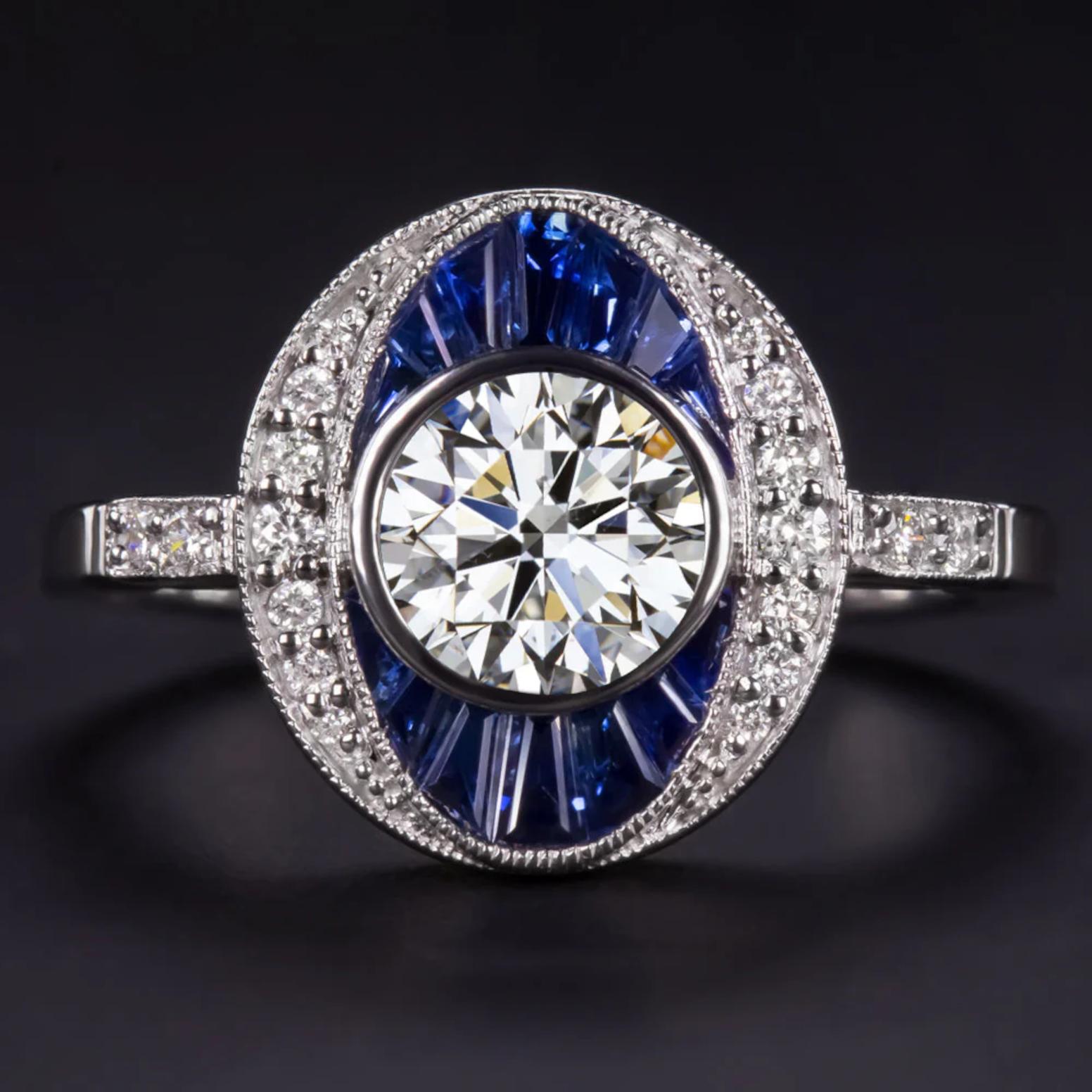 Taille ronde Bague à diamant et saphir bleu d'inspiration Art déco en vente