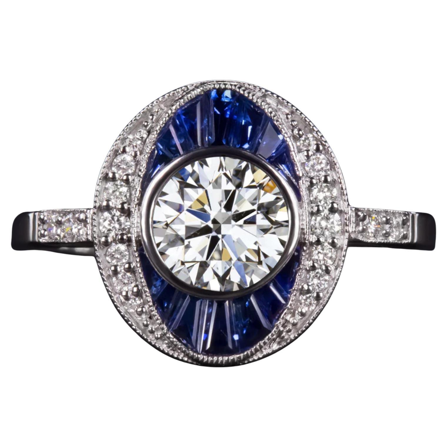 Art Deco-Inspired Diamond and Blue Sapphire Ring For Sale