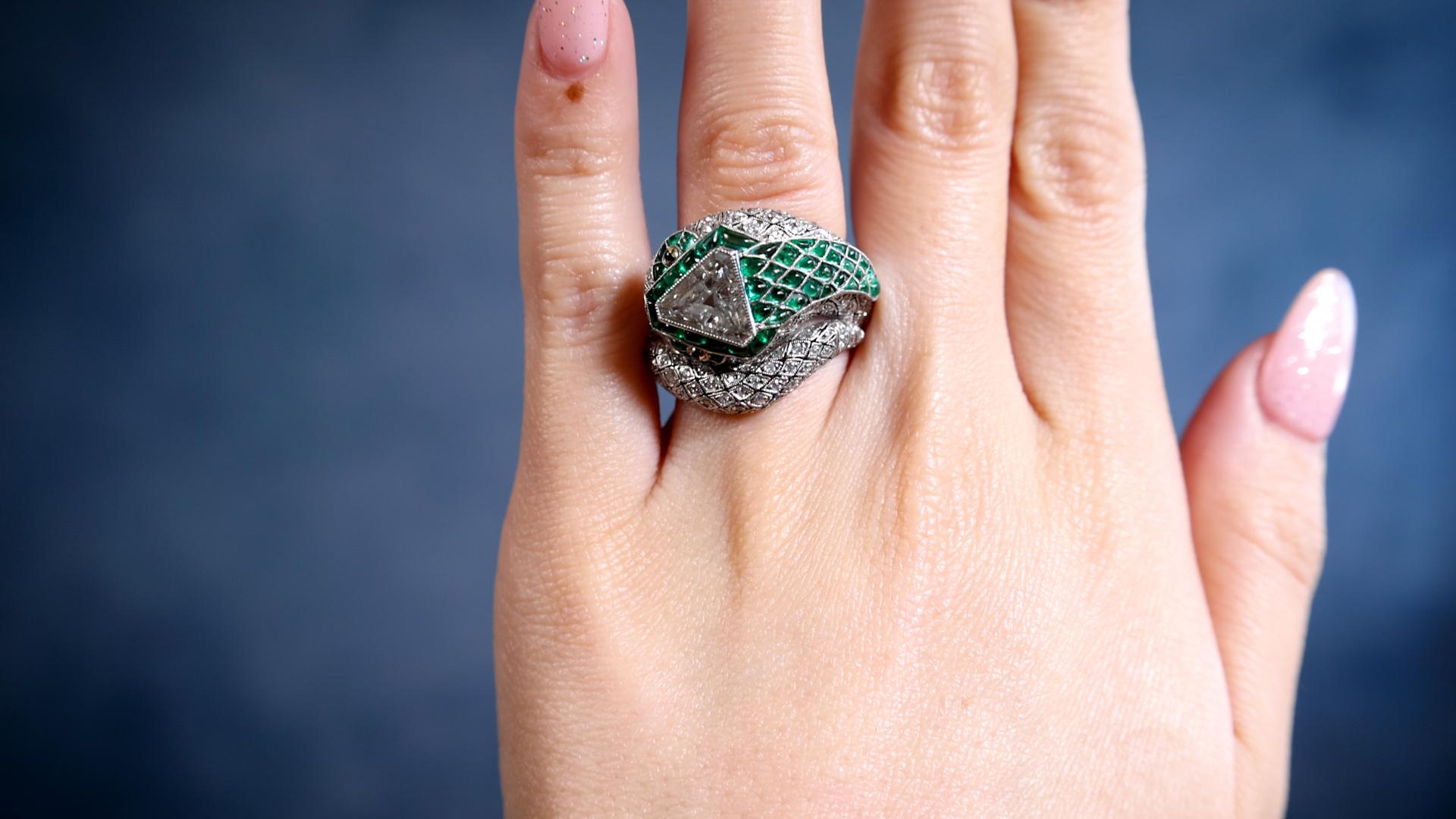 Old European Cut Art Deco Inspired Diamond and Emerald Platinum Snake Ring For Sale