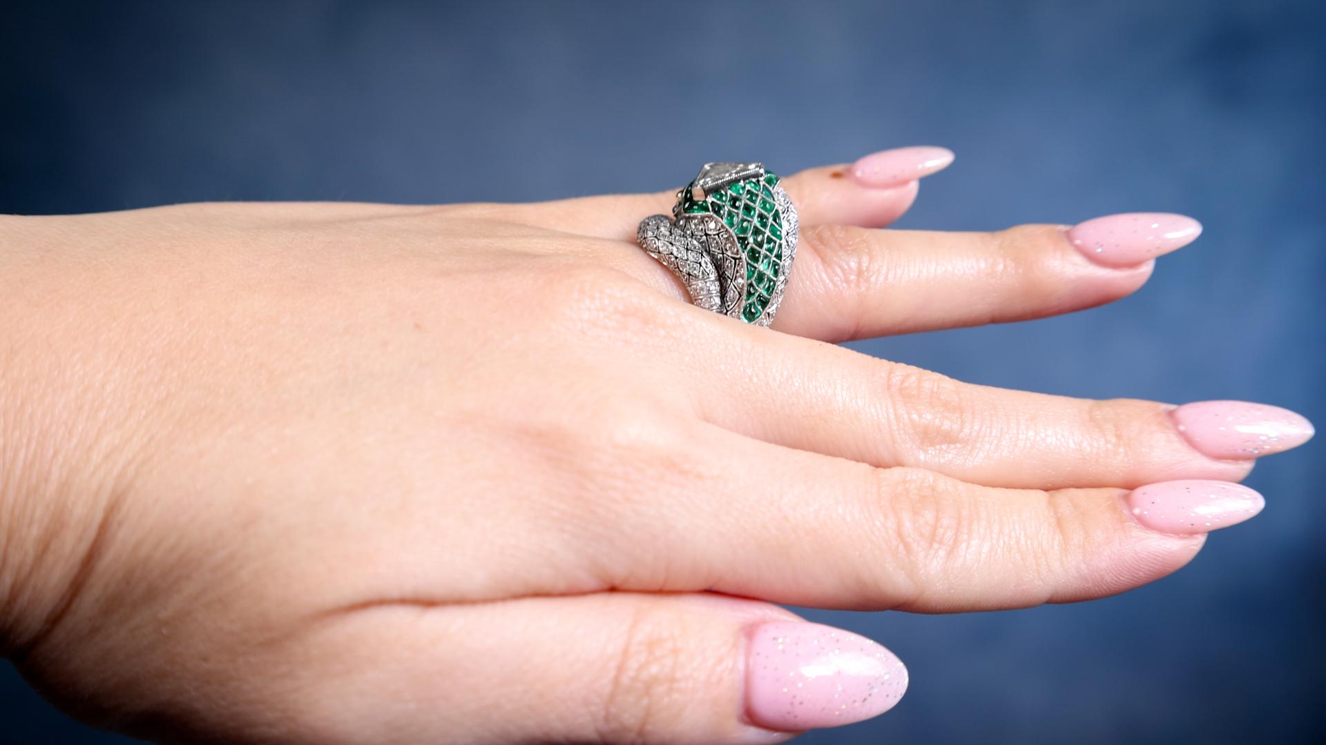 Art Deco Inspired Diamond and Emerald Platinum Snake Ring In Excellent Condition For Sale In Beverly Hills, CA