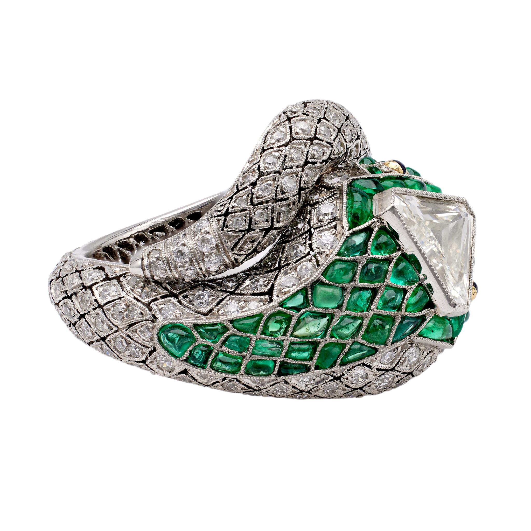 Women's or Men's Art Deco Inspired Diamond and Emerald Platinum Snake Ring For Sale