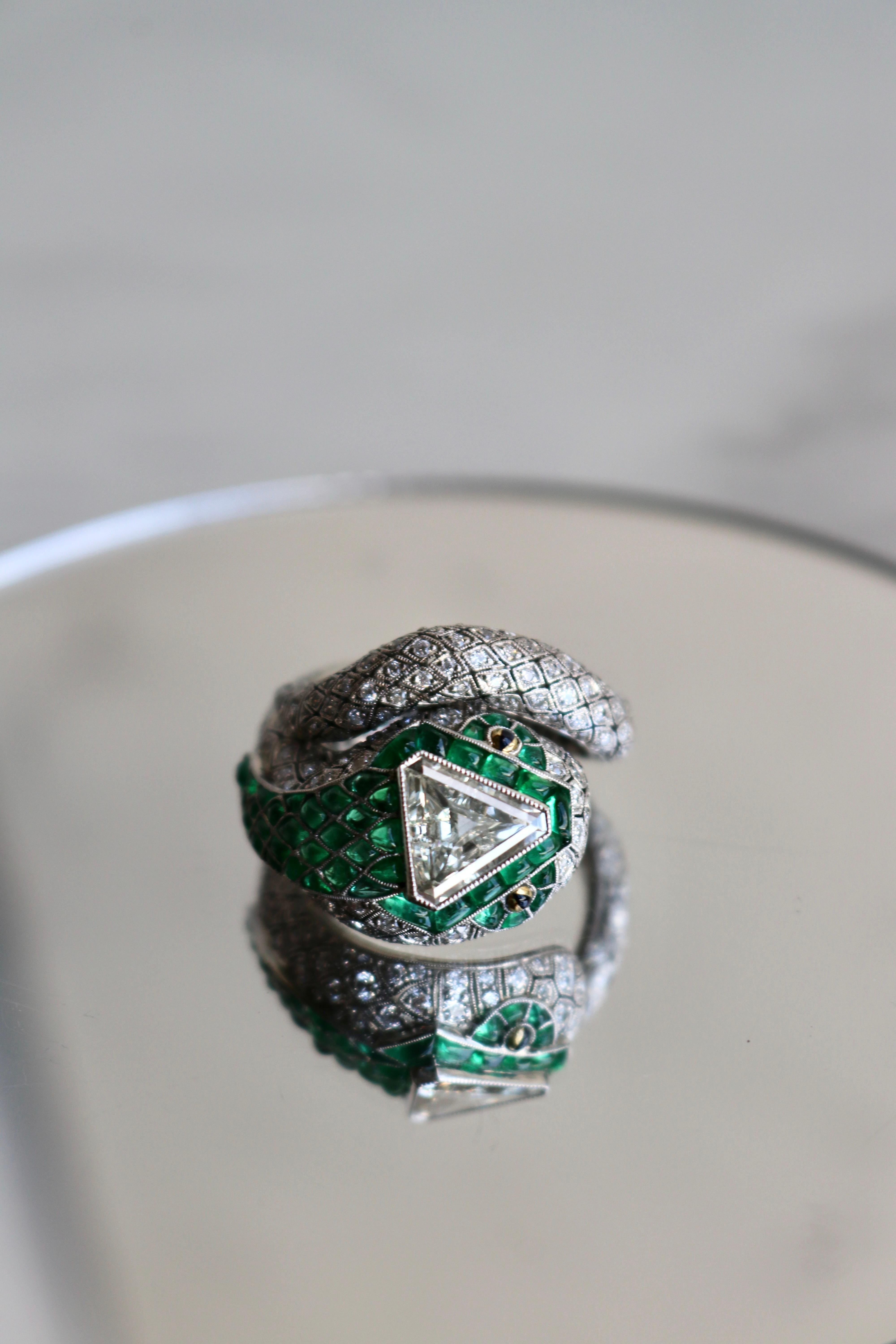 Art Deco Inspired Diamond and Emerald Platinum Snake Ring For Sale 1
