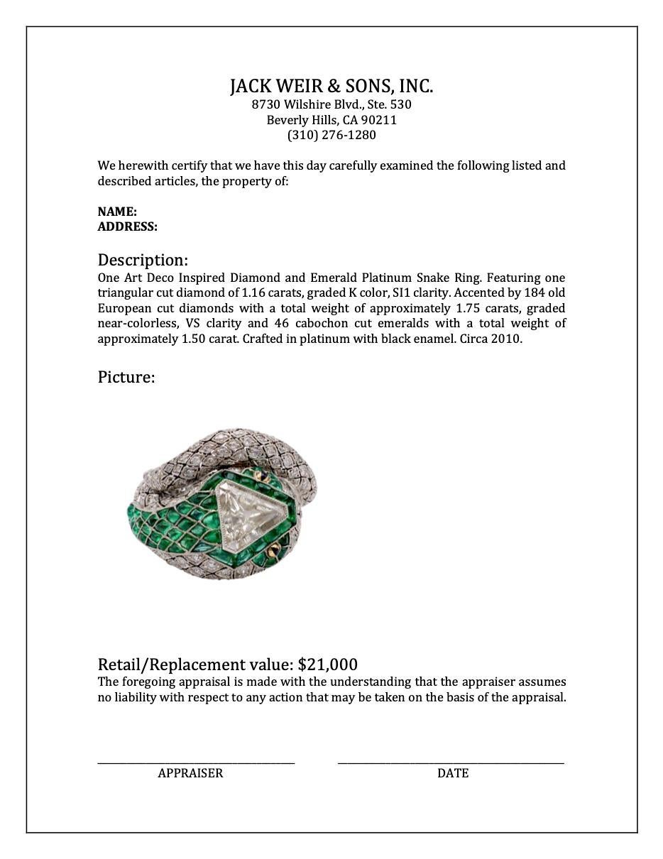 Art Deco Inspired Diamond and Emerald Platinum Snake Ring For Sale 2
