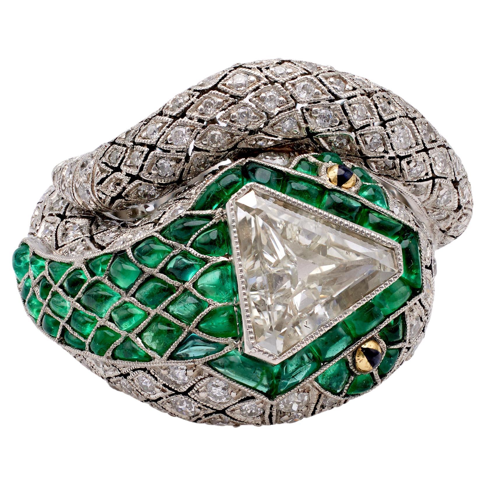 Art Deco Inspired Diamond and Emerald Platinum Snake Ring For Sale