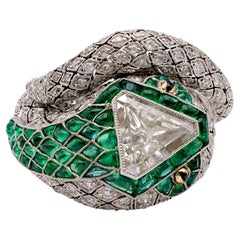 Art Deco Inspired Diamond and Emerald Platinum Snake Ring